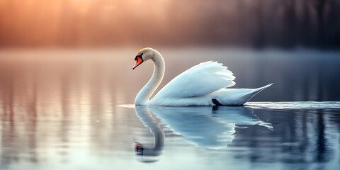 Fototapeta premium Serene swan floating on calm pond
