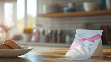 A card with a pink ribbon stands on a table next to a plate of baked goods in a kitchen.