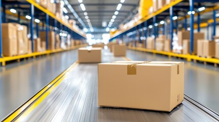 Boxes on Conveyor Belt in Modern Warehouse Environment