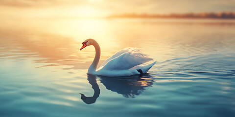 Fototapeta premium Serene swan floating at sunset