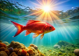 Fototapeta premium Bright Red Small Fish Swimming Gracefully in Clear Water on a Sunny Day Underwater Scene