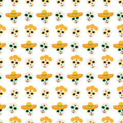 Patterned Skulls in sombrero and wreath Seamless pattern. Day of the dead festive background texture