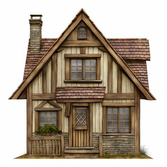 Obraz premium A small, old-fashioned house with a chimney and a porch. The house is made of wood and has a rustic, cozy feel. on white background