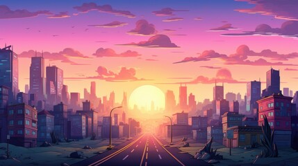 Fototapeta premium Cityscape at Sunset with a Road Leading to the Horizon