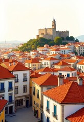 Fototapeta premium Lisbon Watercolor Cityscape: Boho Vibes with Castle View