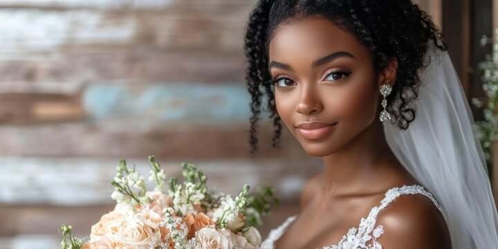 Elegant black bride in a wedding dress holding a beautiful bouquet, celebrating love in a charming rustic venue