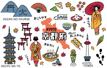 Obraz premium シンプルでかわいい京都府にまつわるイラストセット（カラフル）