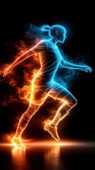 Athlete in motion, fiery blue and orange