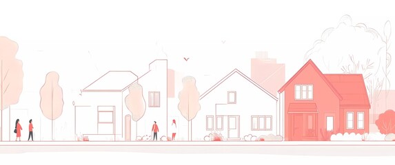 Flat vector illustration of residential buildings and houses with people, simple line art, thin lines, minimalistic style, light red color on a white background