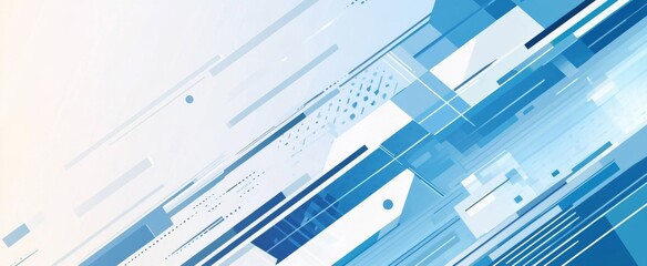 Modern blue and white background featuring vector illustrations of geometric shapes with straight lines in varying blue shades，ideal for covers of presentations or brochures on tech themes. 