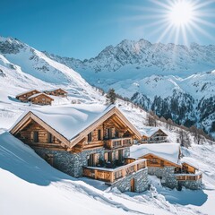Fototapeta premium Charming snowy chalet with sunlit mountain backdrop