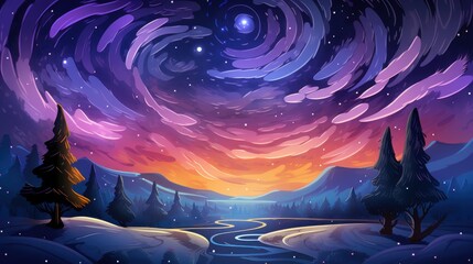Fototapeta premium A Whimsical Winter Landscape with a Spiraling Starry Sky