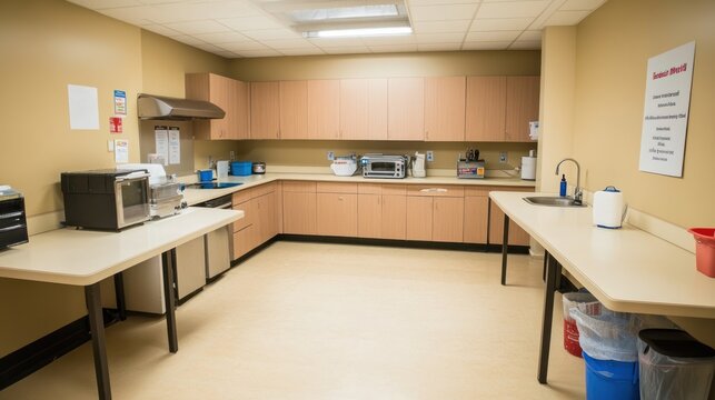 A clean kitchen space with appliances and counters for food preparation and dining.