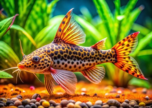 Close-up of a vibrant ancistrus catfish swimming among aquatic plants in a freshwater aquarium setting