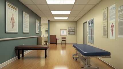 A clean medical examination room with a treatment table and informational posters.
