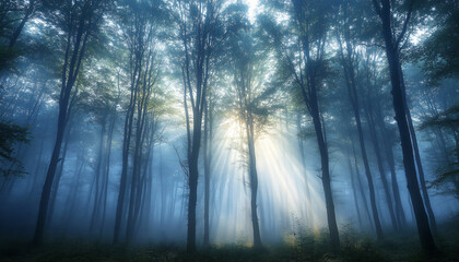 Tall, misty trees with sunlight streaming through the branches, creating a magical and mysterious forest atmosphere