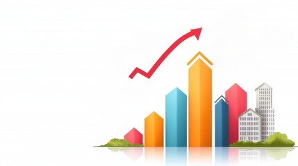 Growth Chart with Colorful Buildings and Arrow Symbol
