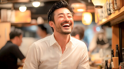 居酒屋で爆笑するワイシャツ姿の中年のアジア人男性