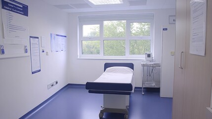 Fototapeta premium A clean, bright medical room with a bed and medical equipment.
