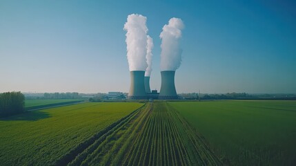 Aerial view of modern nuclear power plant with cooling towers emitting steam against clear blue sky, surrounded by lush green fields, symbolizing clean energy and environmental balance.