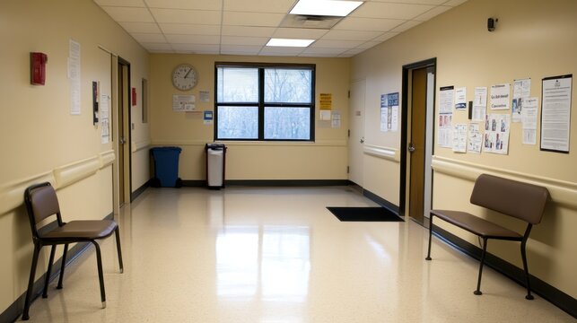 A clean, empty hallway in a medical facility with chairs and informational posters.