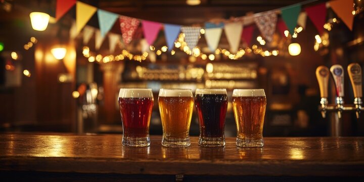 Four glasses of cold beer on a wooden bar under warm lighting in a lively pub adorned with colorful bunting during the evening