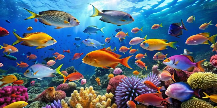 Colorful and Diverse Underwater World Featuring Various Species of Fishes Swimming Gracefully