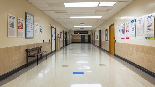 A clean, well-lit hospital corridor with benches and informational posters.