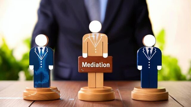 Businessman mediates between two disputing figures, represented by wooden figures.