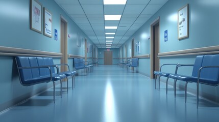 Fototapeta premium A clean, well-lit hospital corridor with blue walls and seating.