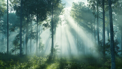 Obraz premium Tall, misty trees with sunlight streaming through the branches, creating a magical and mysterious forest atmosphere