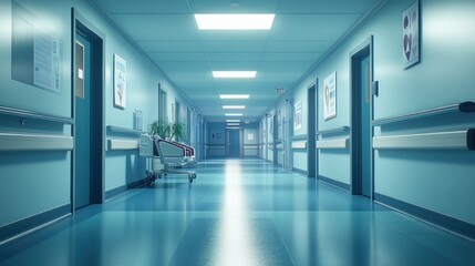 Fototapeta premium A clean, well-lit hospital corridor with doors and a cart for medical supplies.
