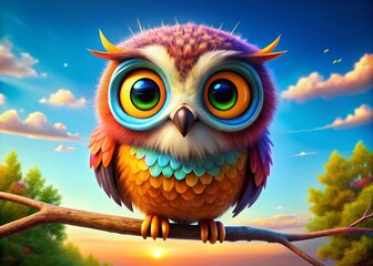 Obraz premium Colorful Cartoon Owl with Big Eyes Sitting on a Branch Against a Bright Blue Sky Background
