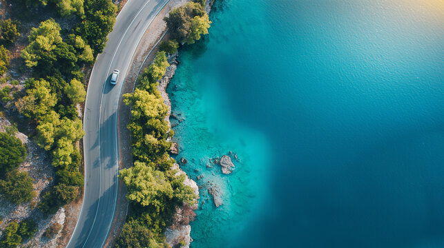 aerial view of a car driving on road with a beautiful blue water lake, relaxing drive or tourism concept 