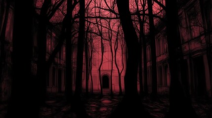 Terrifying scene of dark forest silhouetted against haunting red sky creating chilling ambiance ideal for Halloween. Horror concept