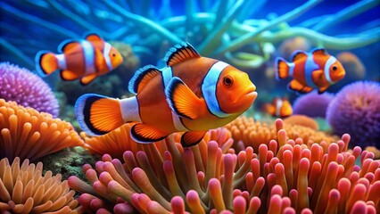 Colorful clownfish swimming among vibrant coral reefs in a clear blue ocean environment
