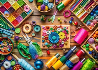 Fototapeta premium Colorful Crafting Table with Supplies, Tools, and Materials for Creative DIY Projects and Hobbies