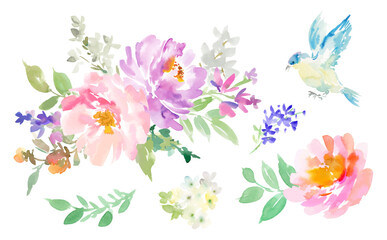 A set of abstract watercolor-painted vector illustrations of flowers and birds. A hand-drawn design set of peonies, birds, and plants for ads, invitations, textiles, banners, and backgrounds.