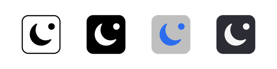 Night mode button icon set. Dark theme vector illustration. Crescent moon symbol. Night mode control element for web and app interface in flat design. Mobile phone screen dark theme isolated concept.