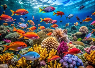 Colorful Fish Swimming Gracefully Through Vibrant Coral Reef in Clear Tropical Waters
