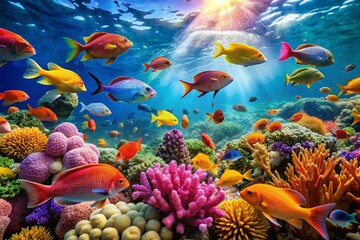 Colorful Fish Swimming in Clear Blue Water of Vibrant Undersea Coral Reef Environment