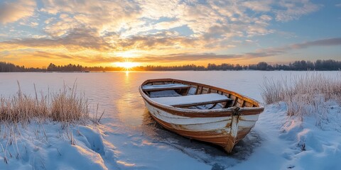 First Rays of Sunlight on a Frozen Snow-Covered Lake