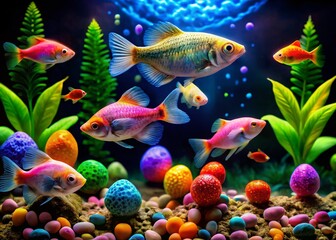 Fototapeta premium Colorful Glofish with Visible Eggs in a Vibrant Aquarium Setting Highlighting Unique Pregnancy Stage