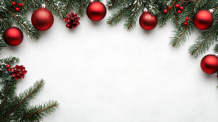 festive christmas layout border with red baubles and fir branch. Festive Christmas Frame with Red Ornaments and Pine Branches. 