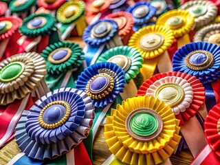 Colorful horse show rosettes displayed on a table showcasing equestrian competition awards and ribbons