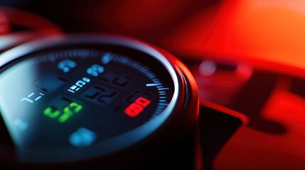 A close-up of a digital gauge displaying various metrics in vibrant colors.