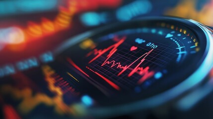 A close-up of a digital health monitor displaying heart rate and data analytics.
