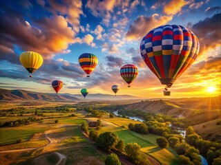 Fototapeta premium Colorful hot air balloons soaring over scenic landscapes during a vibrant sunrise or sunset sky