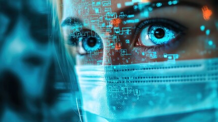 A close-up of a masked individual with digital graphics overlay, suggesting a focus on technology.