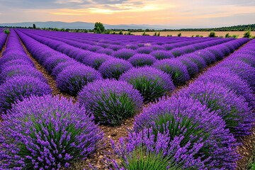 A lavender field in full bloom, stretching toward the horizon with purple flowers glowing in the soft evening light